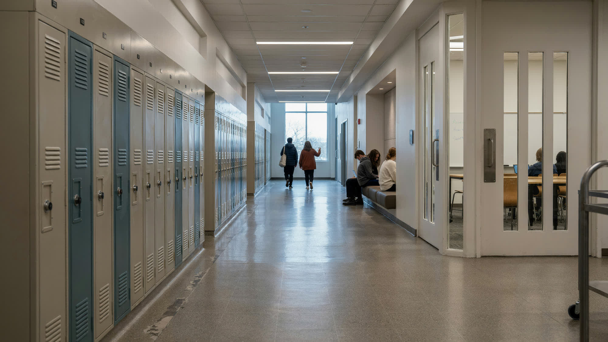 A college corridor lined with lockers and classrooms