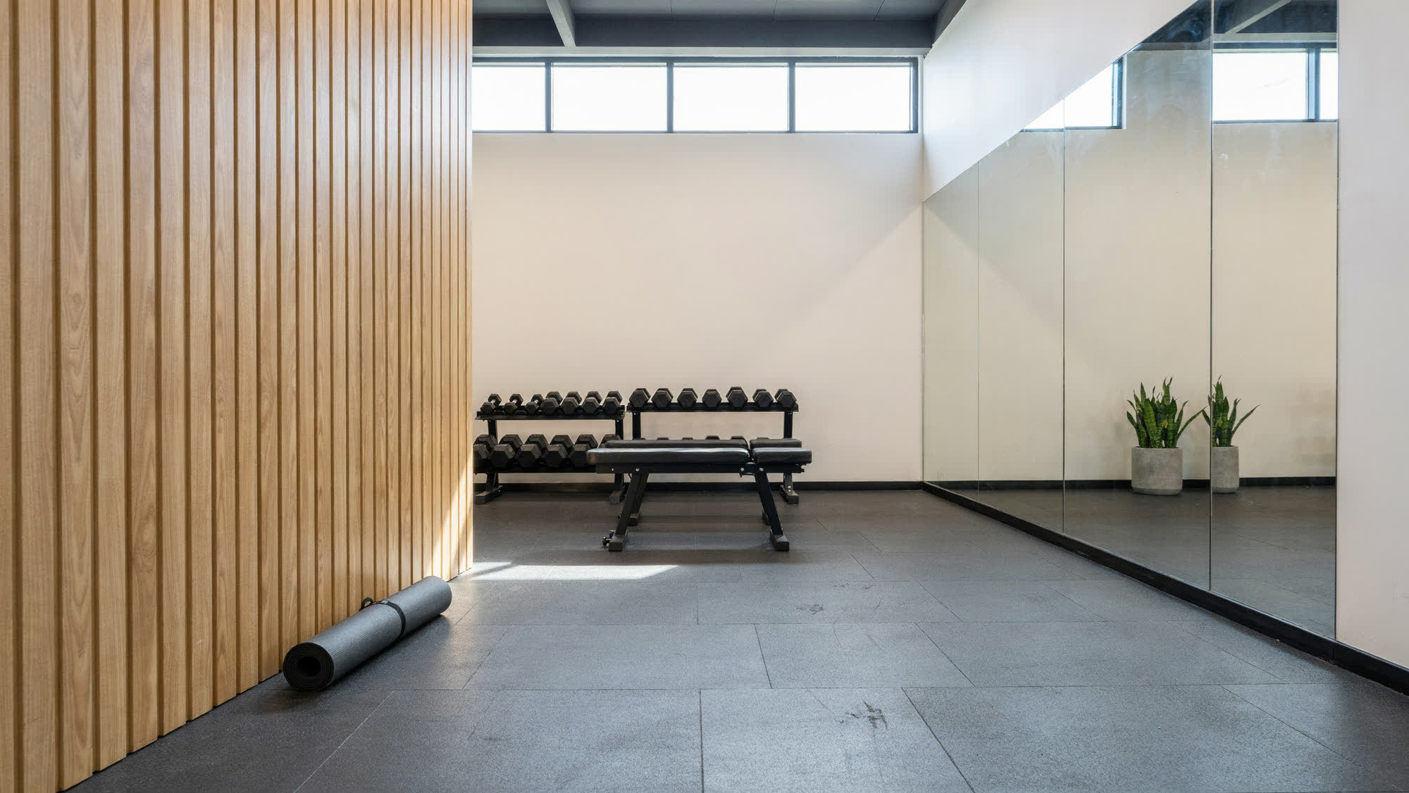 A fitness studio with a mirror wall, dumbbell rack and bench