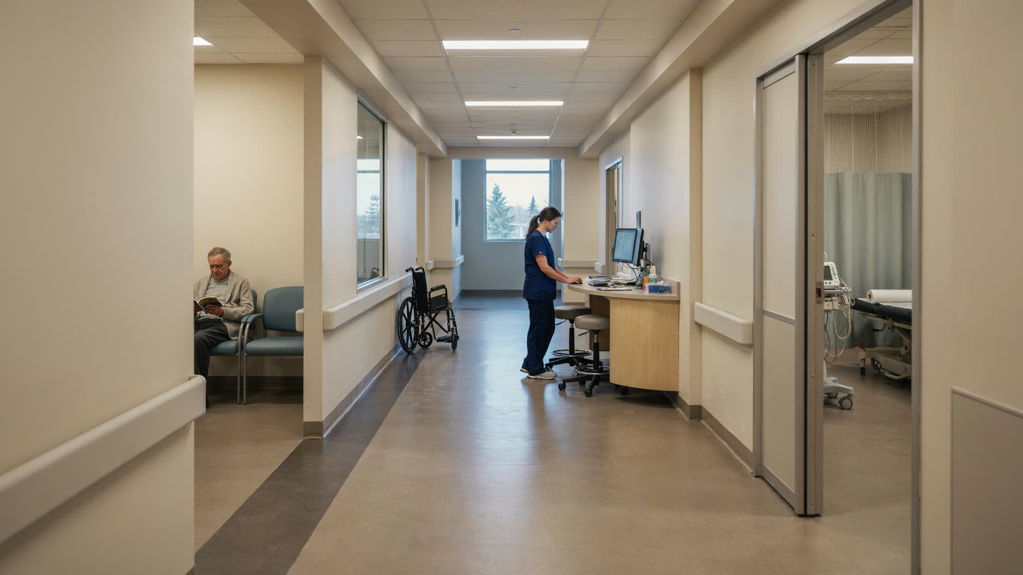 An outpatient clinic corridor with a nurses' station and exam room