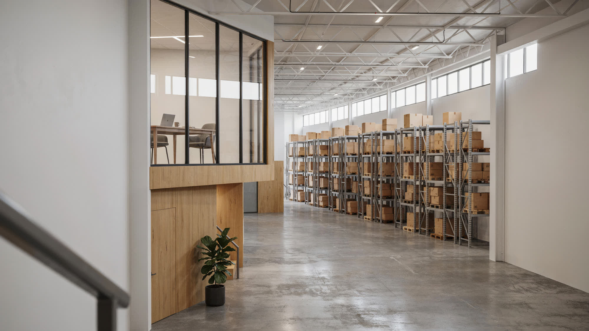 A light-industrial facility with an office mezzanine above a racked warehouse floor