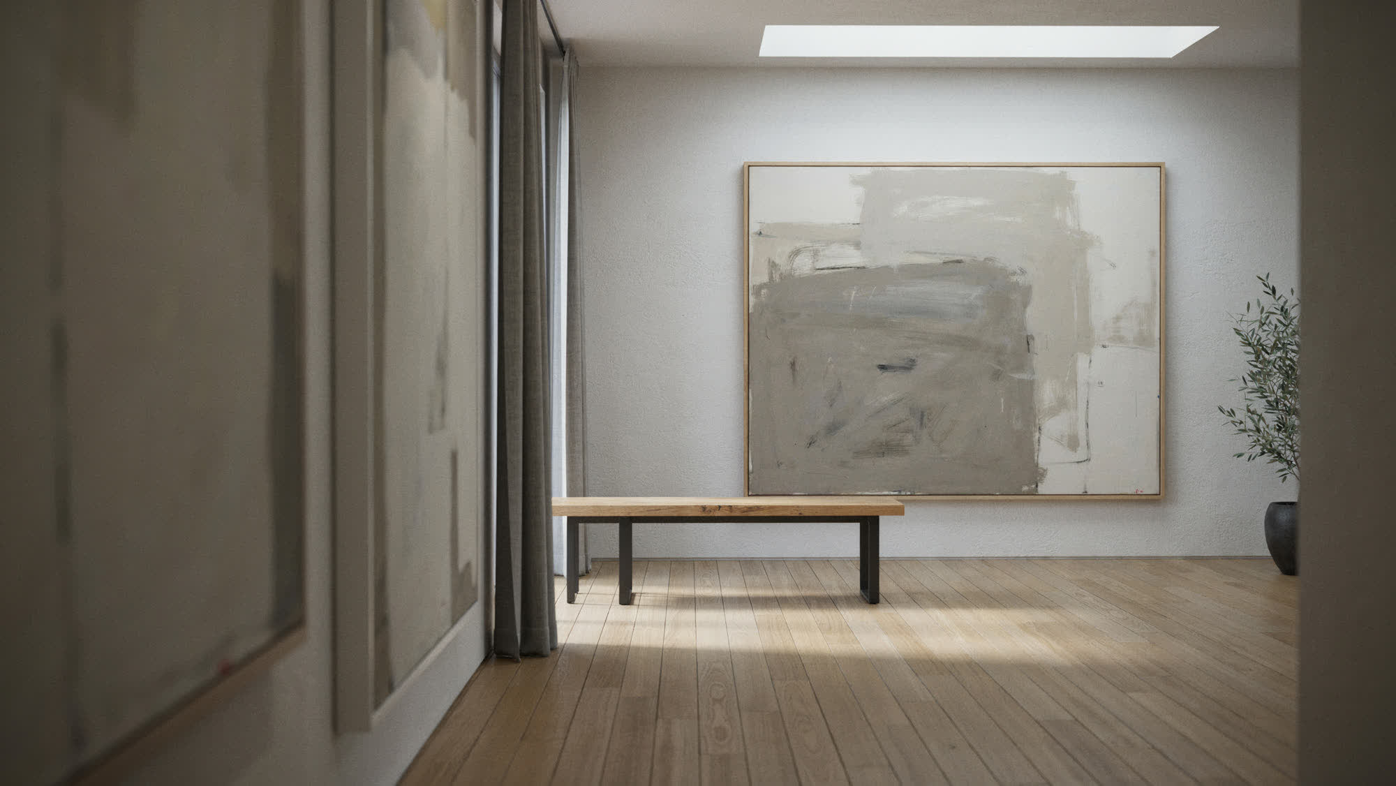 A museum gallery with a large abstract painting and a bench