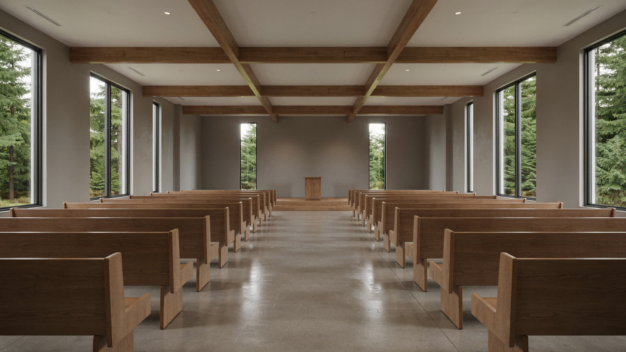 A quiet modern sanctuary with timber beams and rows of pews