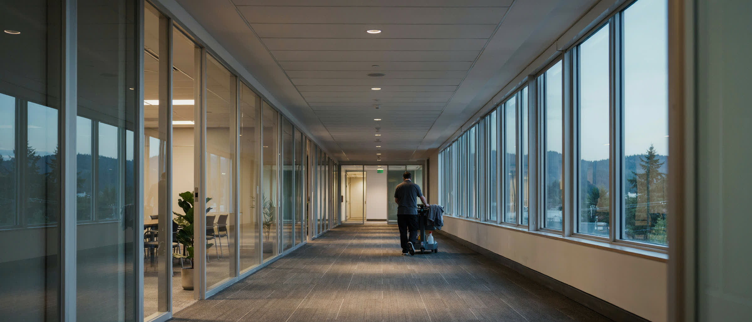 A team member pushing a cleaning cart down a glass-walled office corridor at dusk