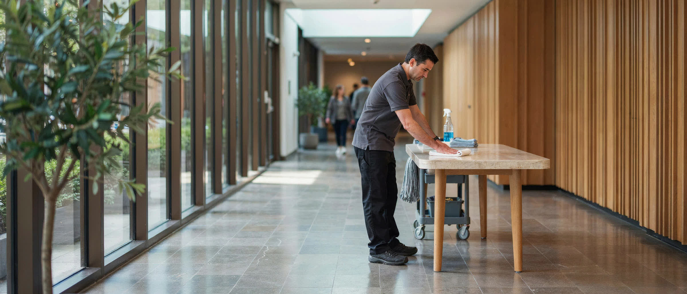A day porter wiping down a lobby table in a bright timber-and-stone corridor