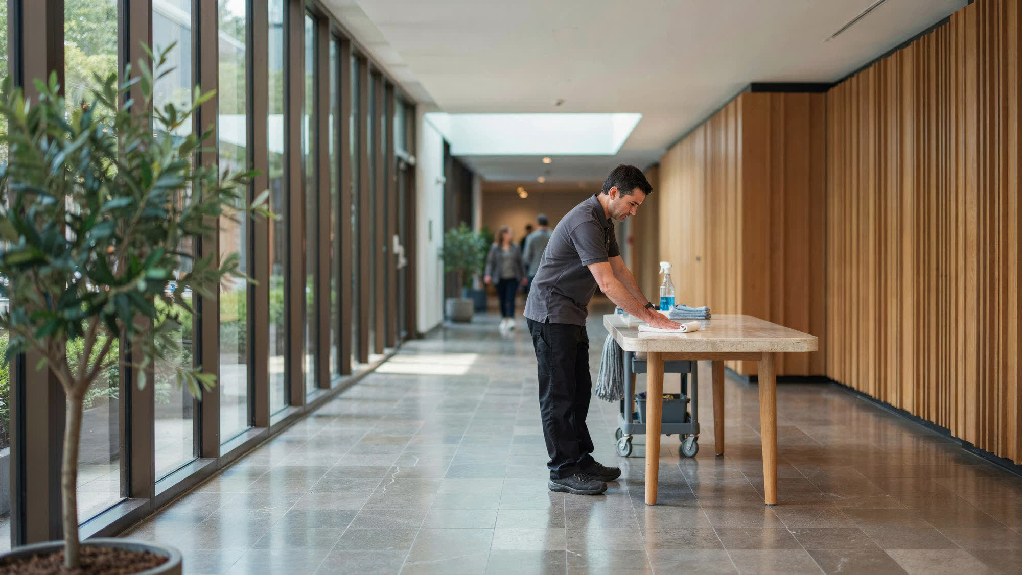 A day porter wiping down a lobby table in a bright timber-and-stone corridor