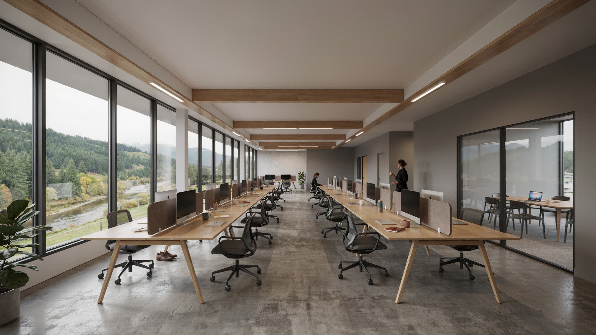 An open-plan office with timber desks and large windows onto an evergreen valley
